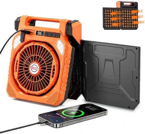 Rechargeable Solar Powered Fan, Camping Fan with 7W Solar Panel and LED Lantern, Quiet Function, Power Bank, Foldable Angle, with Timer, Max 42H Runtime, for Travel Outdoor Camping (Orange) by RINKSYHT