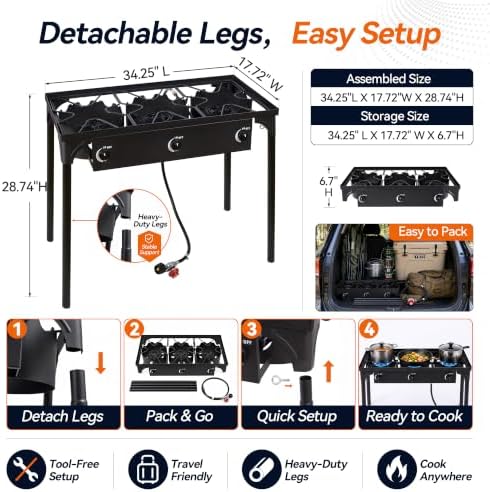 3 Burner Propane Stove, 225,000 BTU Outdoor Cooker - Image 6
