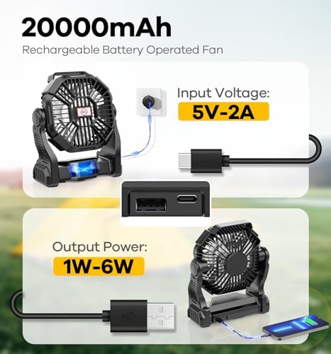 DOWILLDO Portable Battery Powered Camping Fan - with LED Light, Quiet Battery Operated, Camping Gear for Travel, Tent, Beach, Car or Hurricane Power Outages - Image 2