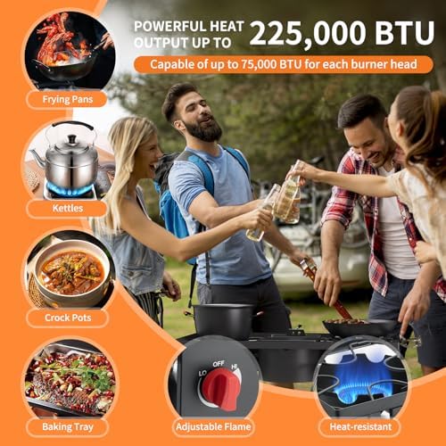High Pressure Propane Burner, 3 Burner Camping Stove with Detachable Legs, 225,000 BTU Propane Gas Stove Burner with 0-20 PSI Regulator for Camping, Tailgating, Backyard, Outdoor Cooking - Image 3