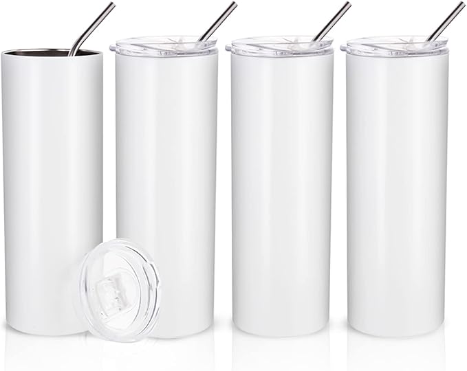 PYD Life Sublimation Blanks Skinny Tumbler White 20 OZ Straight Stainless Steel with Metal Straw for Mug Tumbler Heat Press Machine Sublimation Printing 4 Pack by PYDLife