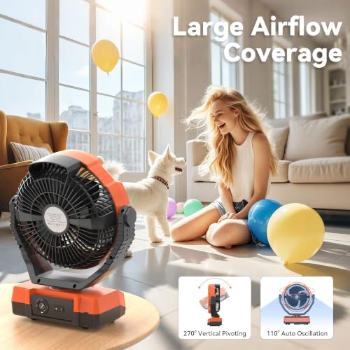 Camping Fan with Light - 20000mAh Rechargeable Battery Fan, 110Hrs Run Time, 4 Speeds, 8H Timers, 110° Auto Oscillation & 270° Pivot Tent Fan with Hook for Camping Power Outage, Hurricane(no adapter) - Image 6