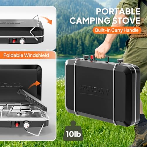 ROVSUN 2 Burner Portable Camping Stove with Igniter, 20000 BTU Propane Camp Stove with Adapter, Built-in Handle & Foldable Wind Panel for Outdoor Camping, Tailgating, Grilling - Image 4