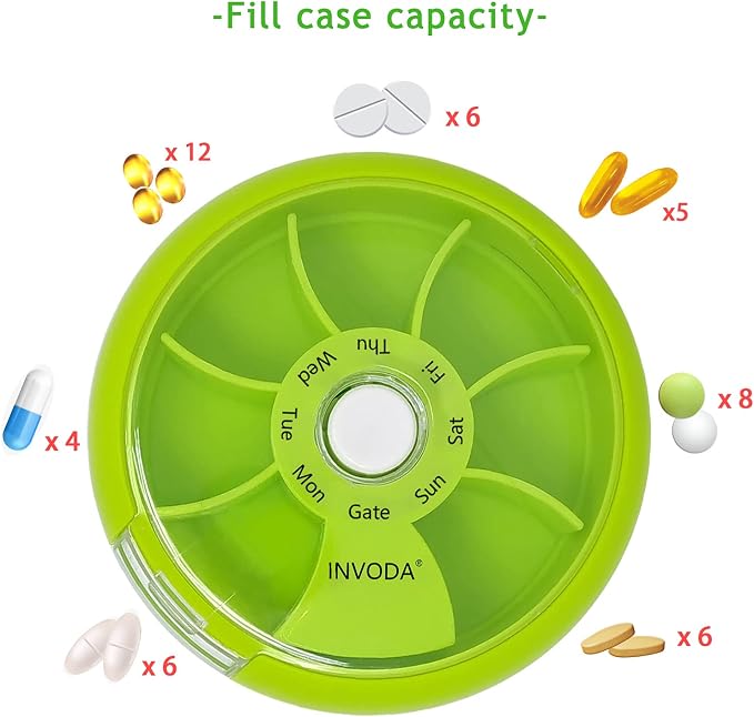 INVODA Weekly Pill Organizer 7 Compartment Rotating Pill Box - Image 2