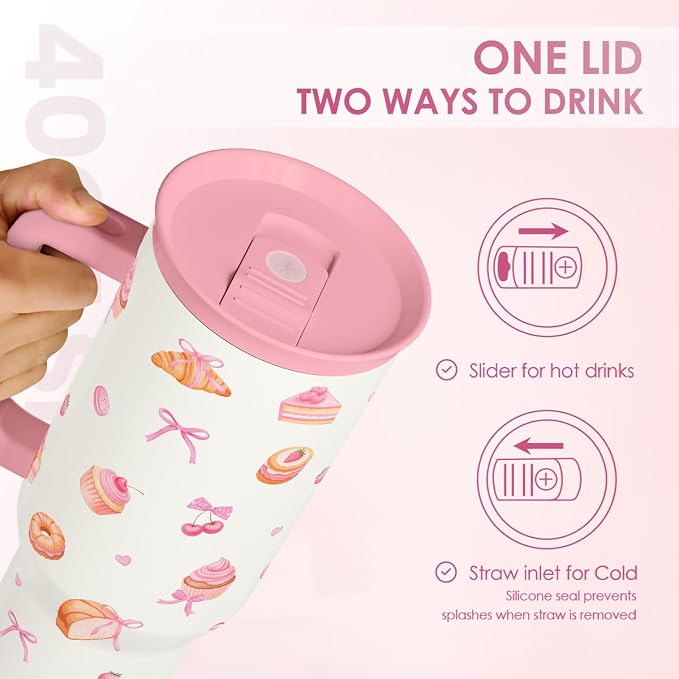 SANDJEST Dessert 40oz Tumbler with Handle and Straw, Insulated Stainless Steel Travel Coffee Mug for Women Girls, Gift Idea for Birthday Christmas Mothers Day - Image 4