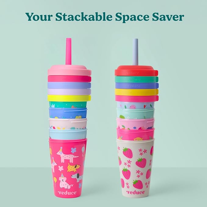 REDUCE GoGo's Kids Portable Tumbler Cups with Lids and Spill-Proof Straws - 10 Pack of Stackable 12 oz Tumblers with Twist-On Lids - Easy Storage, Dishwasher Safe - Play Date - Image 6