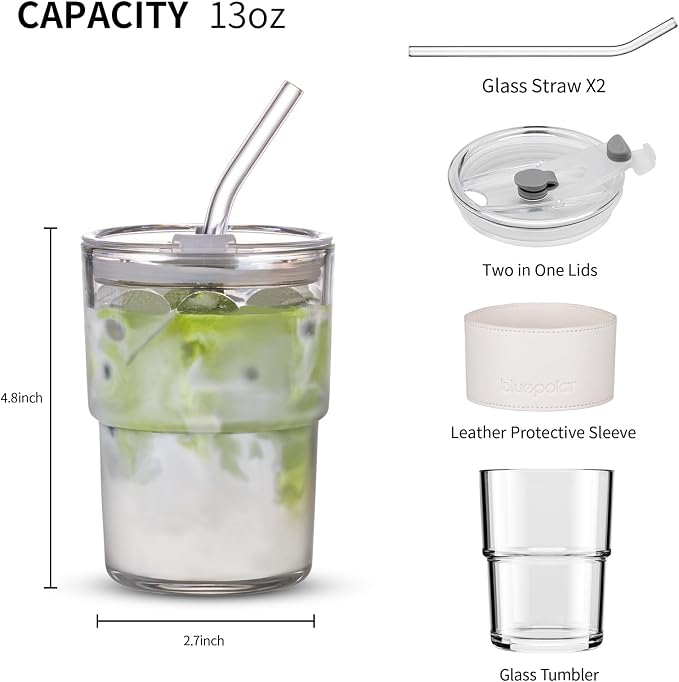 BLUEPOLAR 13 oz Tumbler Water Glass, Water Bottle with Straw and Dustproof Lid, Coffee Ice Cup Double Wall Insulated Glass Cup (White with Protect Sleeve) - Image 3