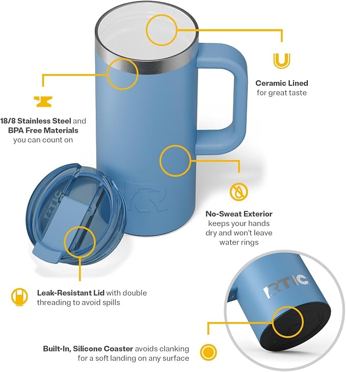 RTIC 20oz Road Trip Travel Mug with Lid and Handle, Insulated, Stainless Steel, Metal, Double Wall Vacuum-Insulation, Ceramic Lined, Portable Coffee, Tea Cup for Hot and Cold Drink, Denim - Image 4