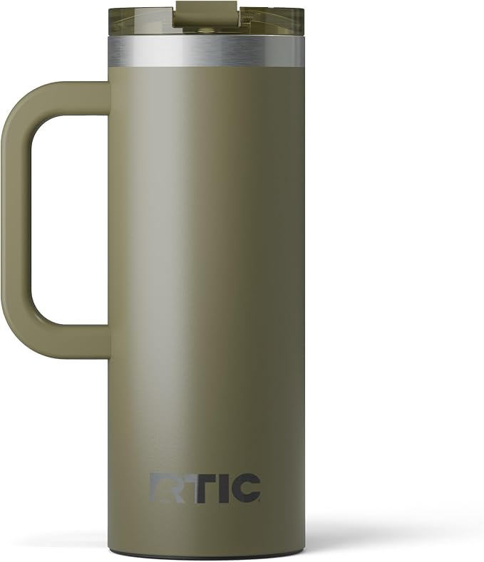 RTIC 20oz Road Trip Travel Mug with Lid and Handle, Ceramic Lined, Insulated, Stainless Steel, Metal, Double Wall Vacuum-Insulation, Portable Coffee, Tea Cup for Hot and Cold Drink, Olive by RTIC