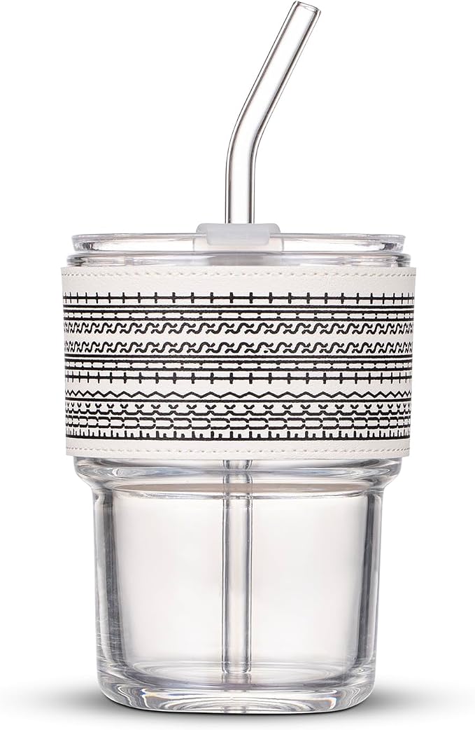 BLUEPOLAR 13oz/400ml Glass Water Tumbler with Straw and Lid Sealed Carry on Thick Wall Iced Coffee Cup for Water, Iced Tea, Fruit Juice by BLUEPOLAR