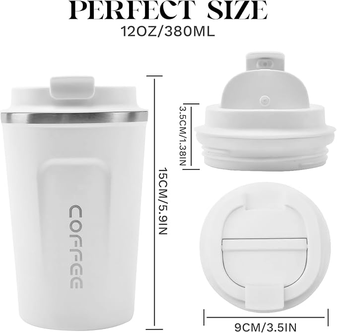 YINBAOGE Insulated Travel Coffee Mug, Spill & Leak Proof, Portable To Go Camping Stainless Steel Coffee Tumbler, Reusable Thermal Coffee Cup with Lid for Hot & Cold Drinks (2nd-White, 12 OZ) - Image 4