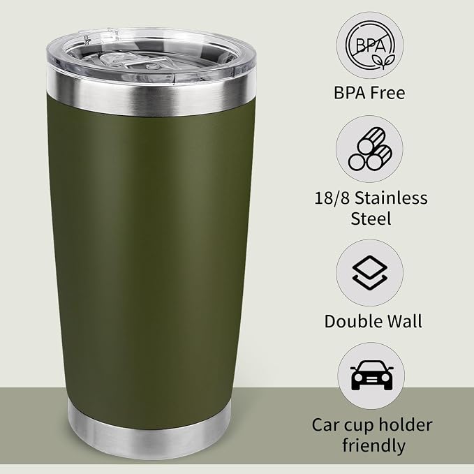 20oz Stainless Steel Tumbler with Lid, Travel Mug - Double Wall Vacuum Powder Coated Cup - Army Green, 1 Pack - Image 3