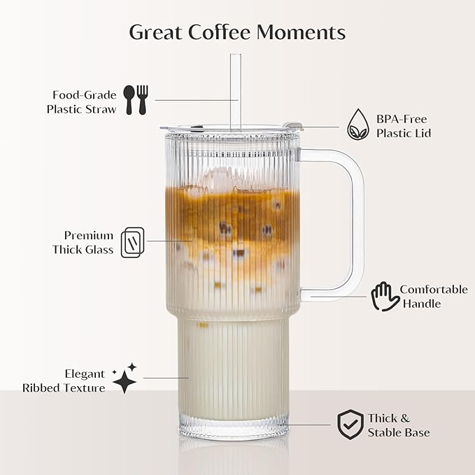 INSETLAN 24oz Ribbed Glass Tumbler with Handle & Lid – 2-Pack Large Iced Coffee Cups with Straws, Modern Glass Mug for Cold & Hot Beverages, Aesthetic Travel Cup for Smoothies, Tea, and Juice - Image 4