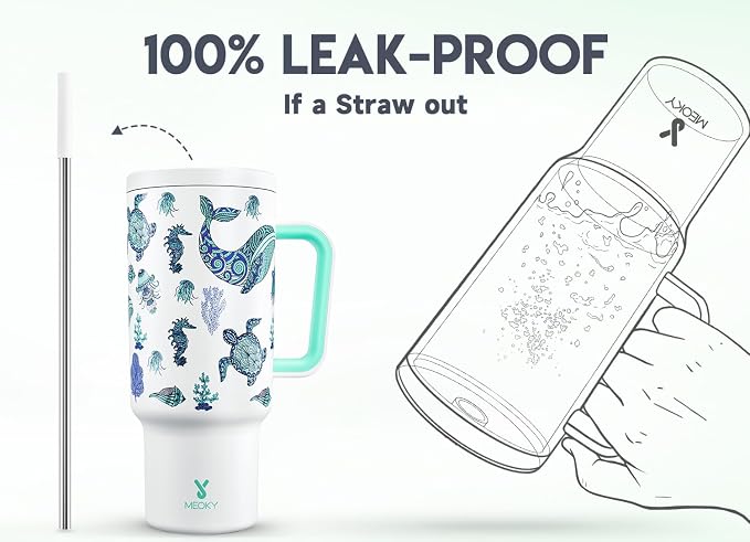 Meoky 40 oz Glow in the Dark Tumbler with Handle and Straw, Tumbler with Lid and Straw, Insulated Stainless Steel Travel Mug, 100% Leak-proof, Keeps Cold for 34 Hours (Sea Life) - Image 3