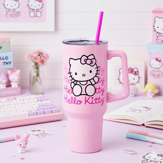 Silver Buffalo Sanrio Hello Kitty Waving Double Walled Stainless Steel Tumbler with Handle and Straw, Fits in Standard Cup Holder, 40 Ounces - Image 10