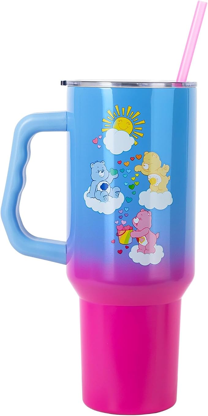 Silver Buffalo Care Bears Featuring Grumpy Bear, Funshine, and Love-A-Lot Bear Heart Showers Ombre Double Walled Stainless Steel Tumbler with Handle and Straw, Fits in Standard Cup Holder, 40 Ounces - Image 2