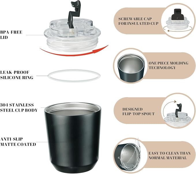 Puraville Insulated Tumblers with Lid, 10 oz Travel Coffee Mug Stainless Steel Vacuum Cup, Leak Proof Reusable Double Walled Coffee Tumbler for Iced and Hot Drinks, Black - Image 4