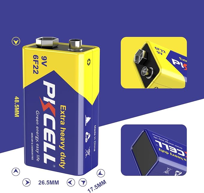 PKCELL 9V Battery Carbon Zinc for Smoke Detectors 6F22 Battery, 10-Year Shelf - Image 2