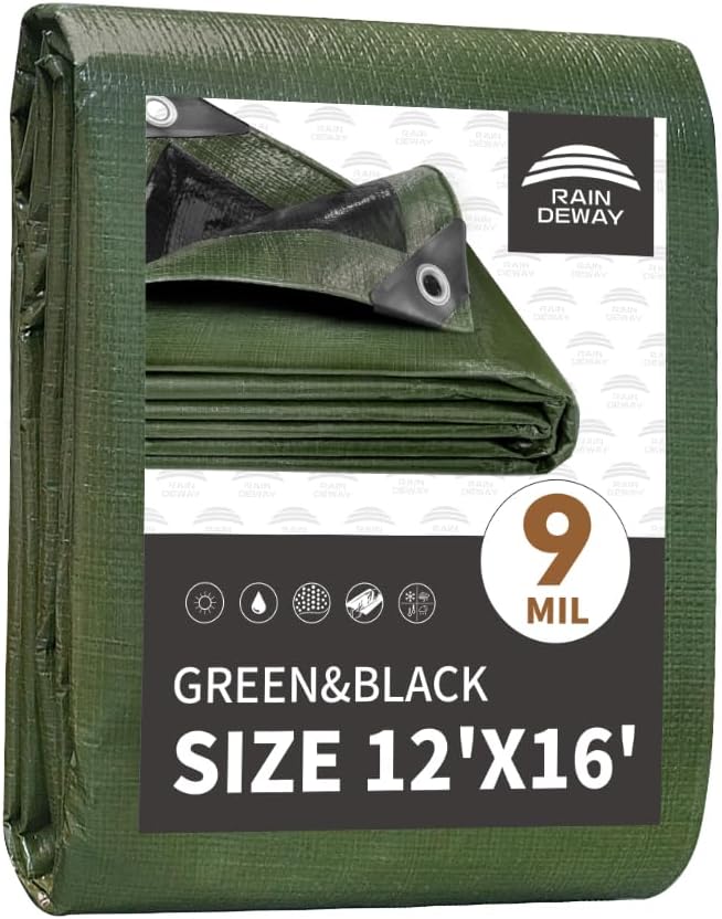 12x16 Feet Tarp Waterproof, 9Mil Thick, Finished Size Tarps, UV Resistant by RAINDEWAY