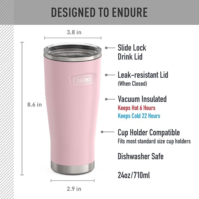 THERMOS ICON SERIES, Stainless Steel Cold Tumbler with Slide Lock, 24 Ounce, Sunset Pink - Image 7