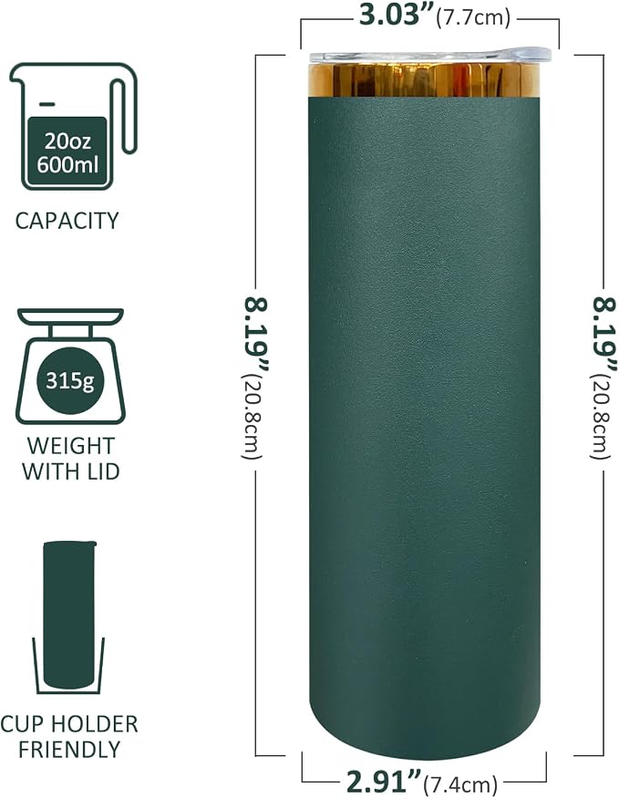 20 oz Skinny Tumblers Stainless Steel Tumbler with Lid and Straw Double Wall Vacuum Insulated Coffee Mug 20oz Powder Coated Cup for Hot and Cold Drinks(Green,1 pack) - Image 2
