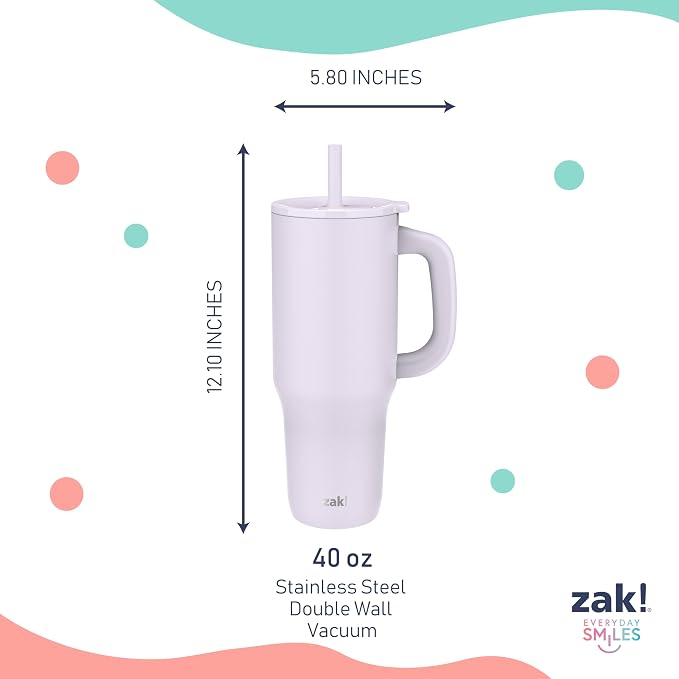 Zak Designs Sutton Travel Tumbler for On the Go, 40oz Stainless Steel with Vacuum Insulation, Silicone Straw, and Carry Handle for Cold Drinks (Smoky Lilac Purple) - Image 7