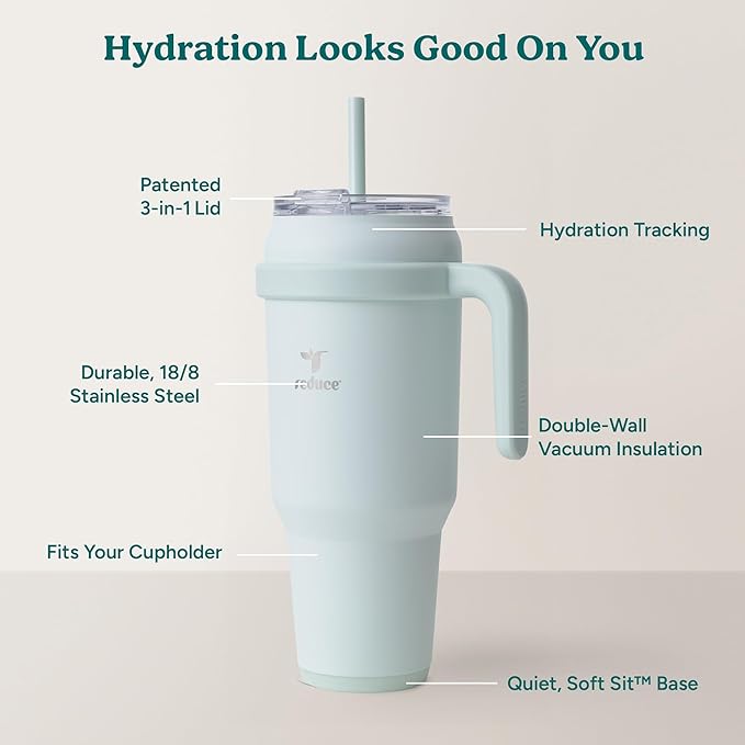 Reduce 50 oz Stainless Steel Tumbler with Handle - Dual-Wall Vacuum Insulated Travel Mug, Sweat-Proof Lid & Reusable Straw - Keeps Drinks Cold for 24 Hrs, Fits Cupholders, Dishwasher Safe - Crisp Mint - Image 4