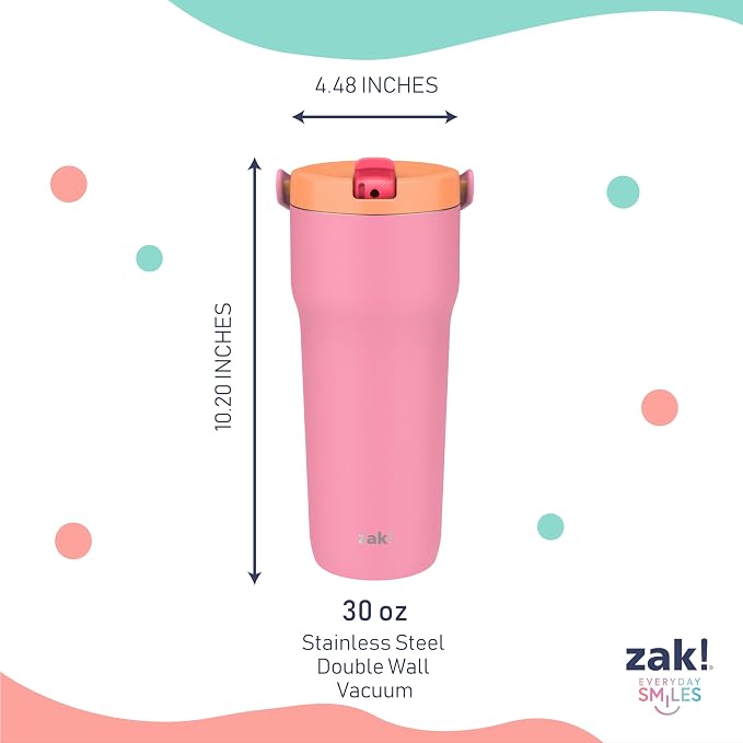 Zak Designs Sutton Travel Tumbler for On the Go, 30oz Stainless Steel with Vacuum Insulation, Straw Spout, Carry Handle for Cold Drinks (So Sweet Pink) - Image 6