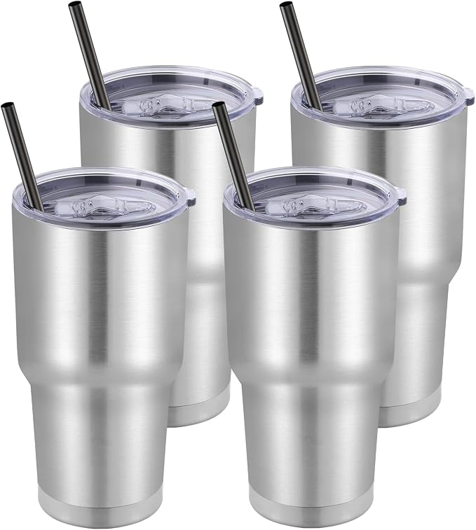 DOMICARE 30 oz Tumbler with Lid and Straw, Stainless Steel Tumblers Bulk, Insulated Vacuum Double Wall Travel Coffee Mug, Durable Powder Coated Tumbler Cups (Stainless Steel, 4) by VisittheDOMICARE