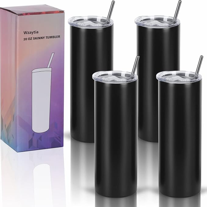 4 Pack 20 Oz Straight Skinny Tumblers,Individually Gift Boxed Stainless Steel Slim Skinny Tumbler Set Bulk, 20 Oz Insulated Slim Thin Travel Tumbler Cup for Diy, Black by Wzaytia