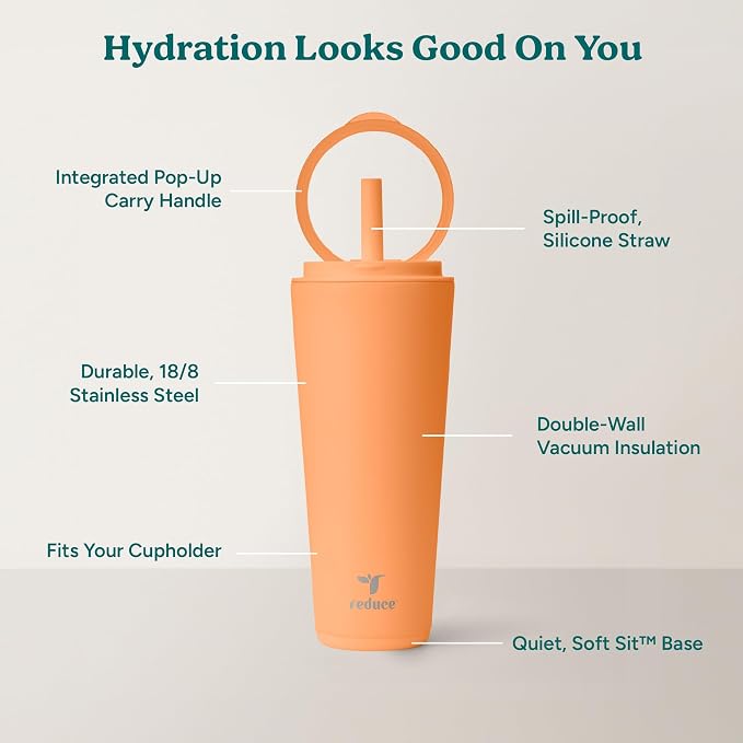 REDUCE Halo 32 oz Stainless Steel Vacuum Insulated Tumbler - Spill Proof Travel Mug with Flip Handle Lid - Keeps Drinks Cold for 32 Hrs - Dishwasher Safe - Cupholder Friendly - Papaya - Image 4