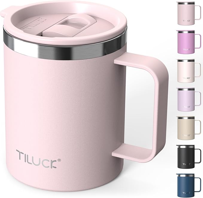 TILUCK 12 oz Insulated Coffee Mug with Lid, Double Wall Vacuum Insulated Travel Mug Cup with Handle for Hot or Cold Drinks（12oz，Matte LightPink） by TILUCKBringsGoodLuck