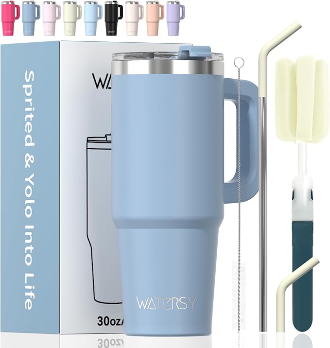 30 oz Tumbler with Handle,Tumbler with Lid and Straw,Double Wall Insulated Cup Stainless Steel Travel Mug(Cold for 34 Hours),Water Bottle for Iced Tea,Coffee,Cold Beverages(Smog Blue) by Watersy