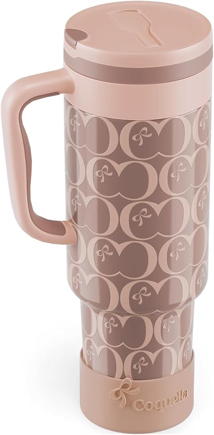 40 oz Insulated Tumbler with Handle and Push-Button Straw Lid, Stainless Steel Travel Cup for Gym Office, Leakproof, BPA-Free, Cup Holder Friendly, Bow Silicone Boot, Brown (C’ Espresso) by Coquella