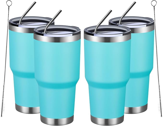 MEWAY 30oz Insulated Tumbler With Lids and Straws,Stainless Steel Double Vacuum Coffee Tumbler Cup, Brush, Durable Powder Coated Coffee Cup for Cold & Hot Drinks, Office, Travel(Light Blue,4 PACK) by MEWAY
