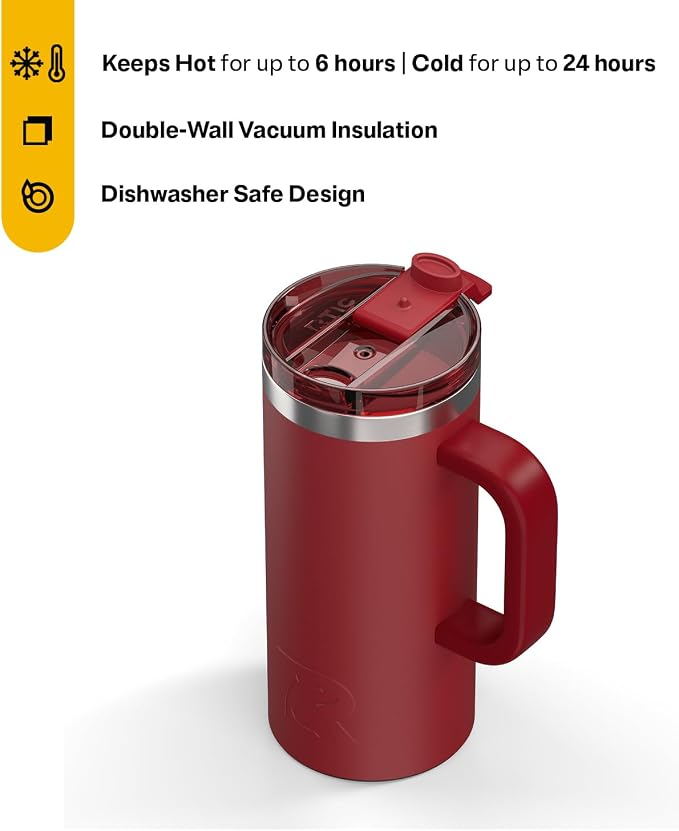 RTIC 16oz Road Trip Travel Mug with Lid and Handle, Insulated, Stainless Steel, Metal, Double Wall Vacuum-Insulation, Ceramic Lined, Portable Coffee, Tea Cup for Hot and Cold Drink, Black Cherry - Image 2