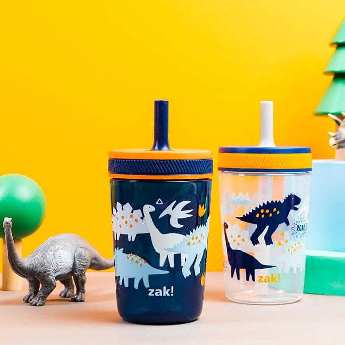 Zak Designs Kelso Toddler Cups For Travel or At Home, 15oz 2-Pack Durable Plastic Sippy Cups With Leak-Proof Design is Perfect For Kids (DinoRoar, Zaksaurus) - Image 2