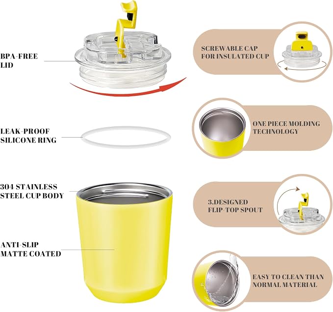 Puraville Insulated Tumblers with Lid, 10 oz Travel Coffee Mug Stainless Steel Vacuum Cup, Leak Proof Reusable Double Walled Coffee Tumbler for Iced and Hot Drinks, Yellow - Image 4