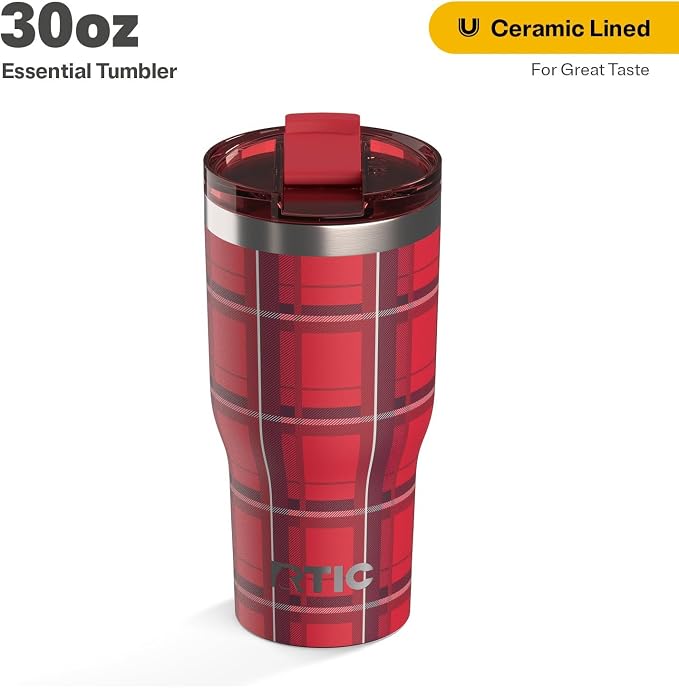 RTIC 30oz Essential Tumbler with Lid, Ceramic Lined, Insulated, Stainless Steel, Metal, Double Wall Vacuum-Insulation, Travel Cup for Iced Coffee, Tea, Hot and Cold Drink, Red Plaid - Image 2
