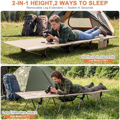87" Extra Long Camping Cot, Heavy-Duty Aluminum Frame 440lbs, Khaki - Image 3