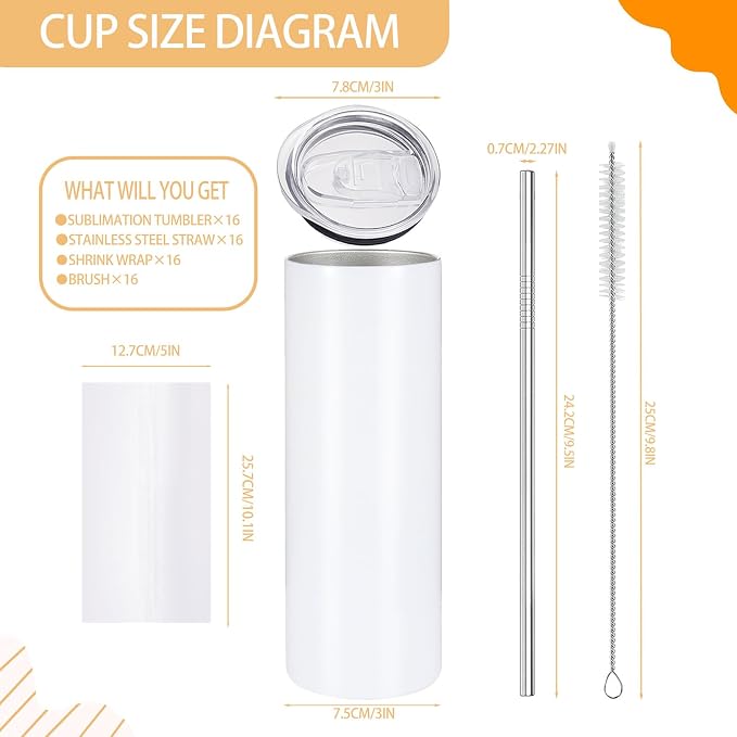 16 Pack Sublimation Tumblers Edge Blanks Skinny Straight Bulk 20 oz, Stainless Steel Double Wall Insulated Tumbler with Straw & Lids for Heat Transfer, White - Image 2