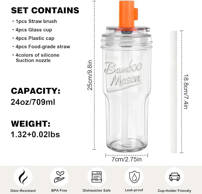 ANOTION 2pc Glass Tumbler with Lids and Straws, Leakproof 24oz Mason Jar Cups, Cap Cup Leak-Proof, Self-Assembly Silicone Straw, Reusable Iced Coffee Smoothie Matcha Cup Aesthetic Coffee Gifts Women - Image 2