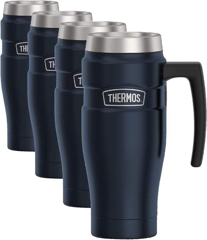 THERMOS Stainless King Vacuum-Insulated Travel Mug with Handle-16oz,Midnight Blue-Thermos Tumbler for Hot&Cold Drinks-Leak&Sweat-Proof Stainless Steel Coffee Mug with Lid for Commuting,(Pack of 4) by Thermos