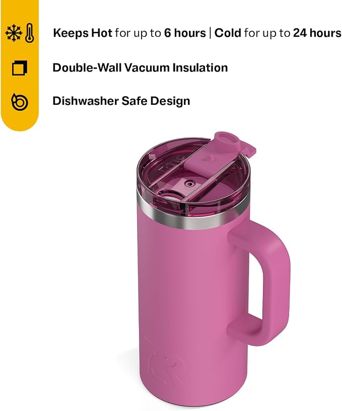 RTIC 16oz Road Trip Travel Mug with Lid and Handle, Ceramic Lined, Insulated, Stainless Steel, Metal, Double Wall Vacuum-Insulation, Portable Coffee, Tea Cup for Hot and Cold Drink, Orchid - Image 2