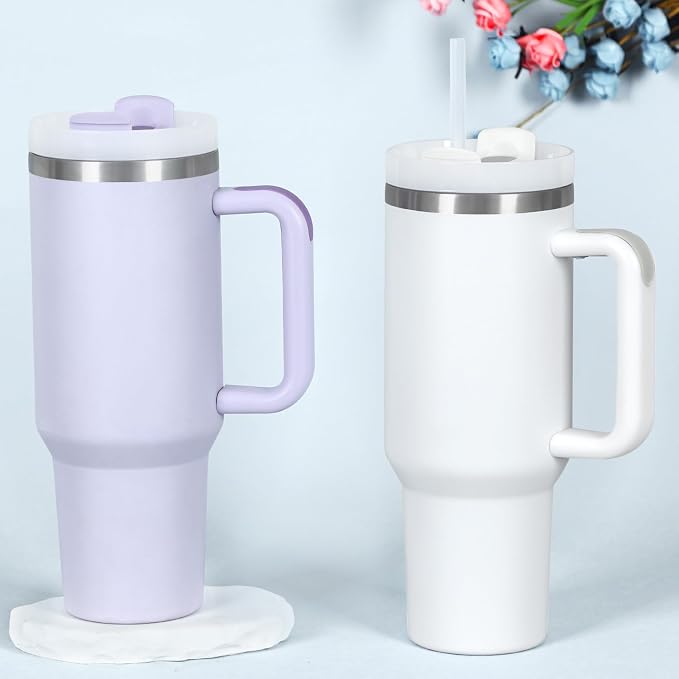 4 Pack 40 Oz Tumbler with Handle Bulk, Double Wall Vacuum Insulated Stainless Steel Tumbler with Lid and Straw, 40 oz cup with Silicone Spill Proof Stopper Set (Purple) - Image 2