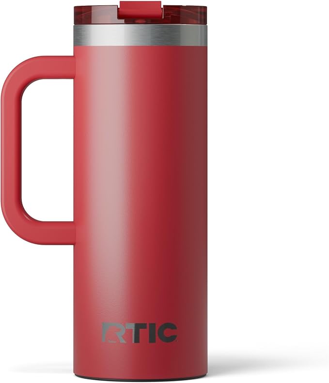 RTIC 20oz Road Trip Travel Mug with Lid and Handle, Ceramic Lined, Insulated, Stainless Steel, Metal, Double Wall Vacuum-Insulation, Portable Coffee, Tea Cup for Hot and Cold Drink, Flag Red by RTIC