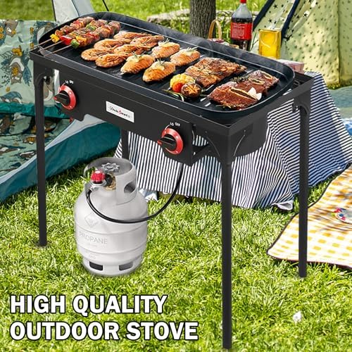 VIVICREATE Propane Grill 2 Burner Outdoor Propane Stove Portable Gas Grill High Pressure Camping Stove Double Burner Cooker for Camping Backyard BBQ Outdoor Cooking - Image 5