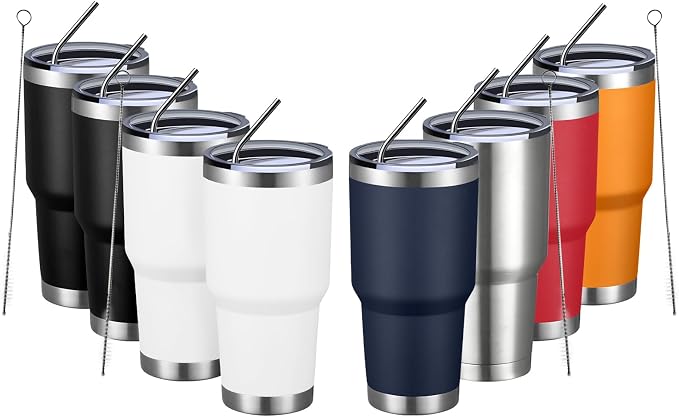 MEWAY 30oz Insulated Tumbler With Lids and Straws,Stainless Steel Double Vacuum Coffee Tumbler Cup, Brush, Durable Powder Coated Coffee Cup for Cold & Hot Drinks, Office, Travel(mixture,8 PACK) by MEWAY