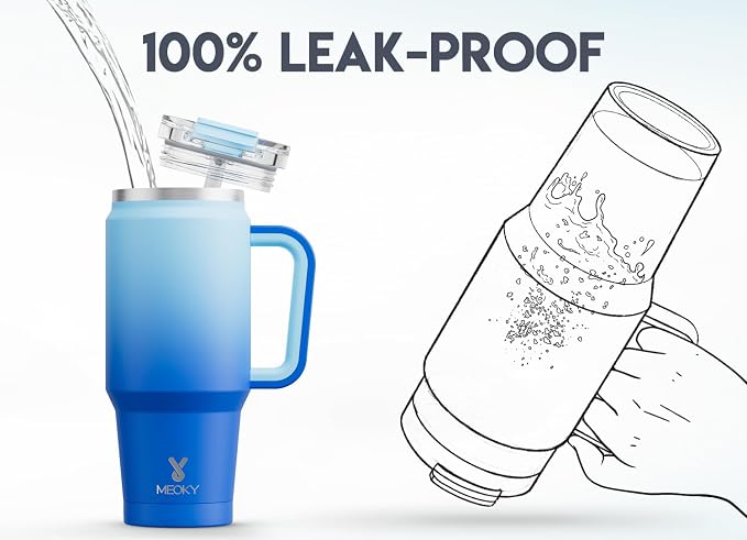 Meoky 32 oz Tumbler with Handle, Insulated Tumbler with Lid and Straw, Stainless Steel Travel Mug, Keeps Cold for 24 Hours, 100% Leak Proof, Fits in Car Cup Holder (Sky) - Image 3