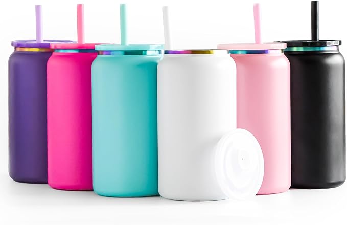 6 Pack Glass Cups with Lids and Straws Unbreakable 16 oz Stainless Steel Can Cup Double Wall Insulated Beer Can Tumbler for Iced Coffee, Juice, Soda, Matte-Colored by FECBK